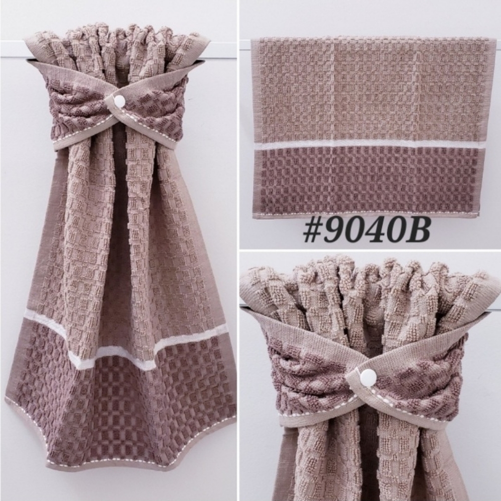 💘FINAL⚜️NEW!⬜️ #9040-B ■Tan Block design Hang'N'Snap HAND Towel 💟PLASTIC SNAP - Picture 1 of 12